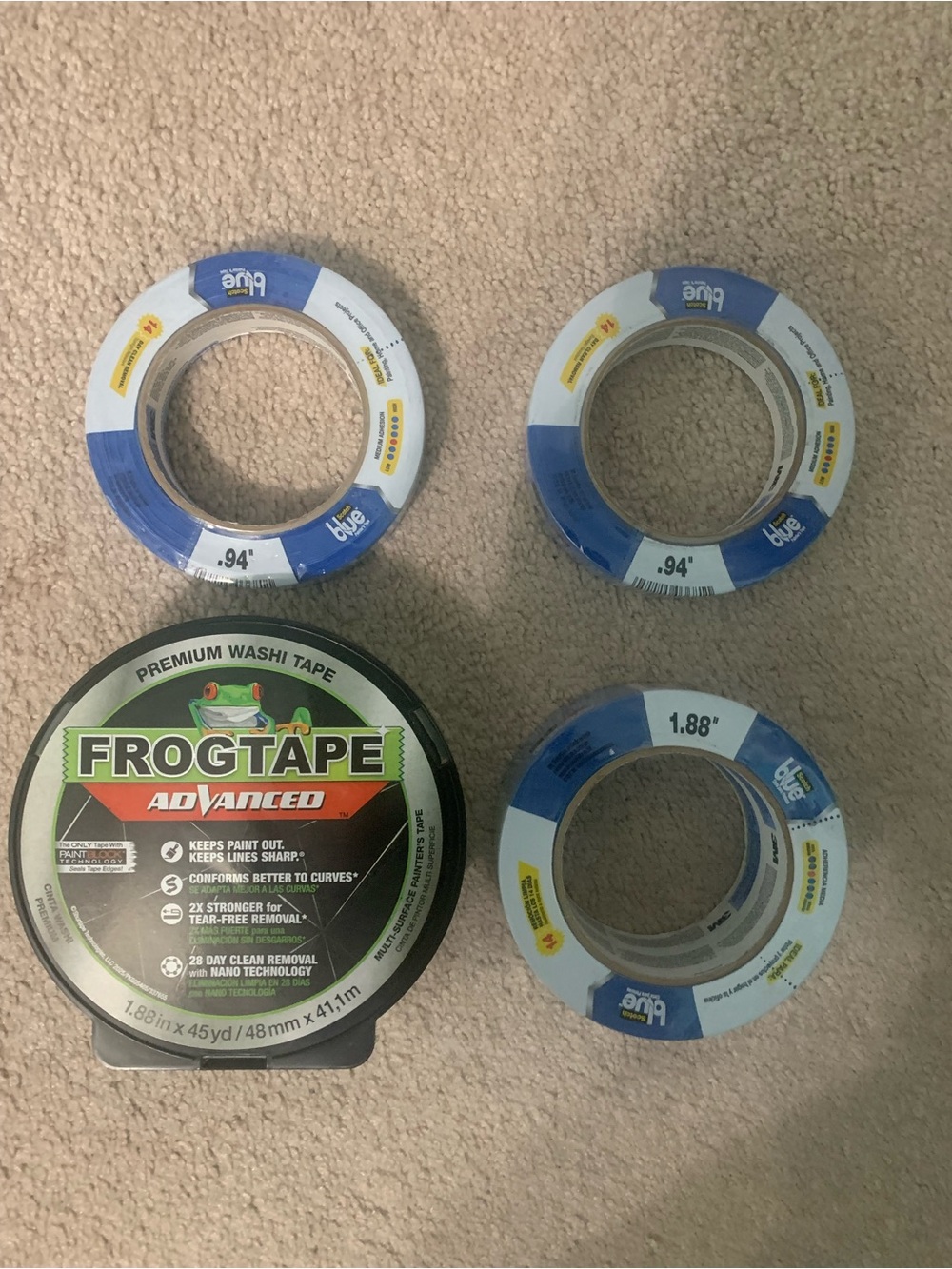 Blue Scotch Painter Tape and Green Frog Tape.
